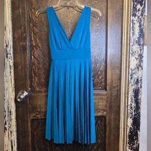 Peacock Blue V-Neck Accordian Pleated Women’s Cocktail Dress